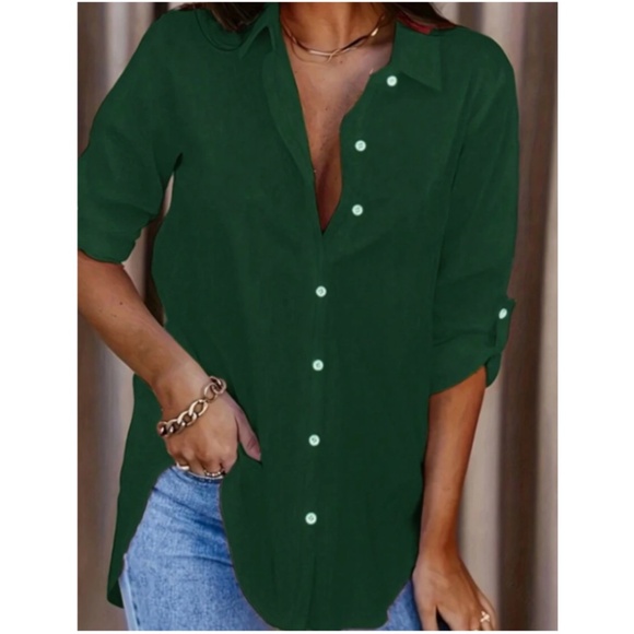 Classic button Down poplin Boyfriend Rolled Sleeve shirt - Picture 1 of 10